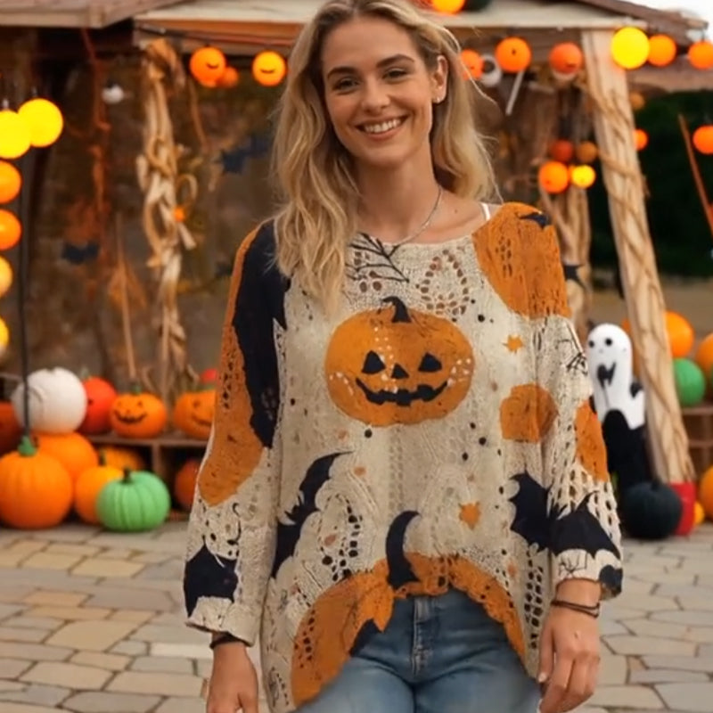 đ Witchy Cozy Vibes - Halloween Pumpa Stickad Tröja