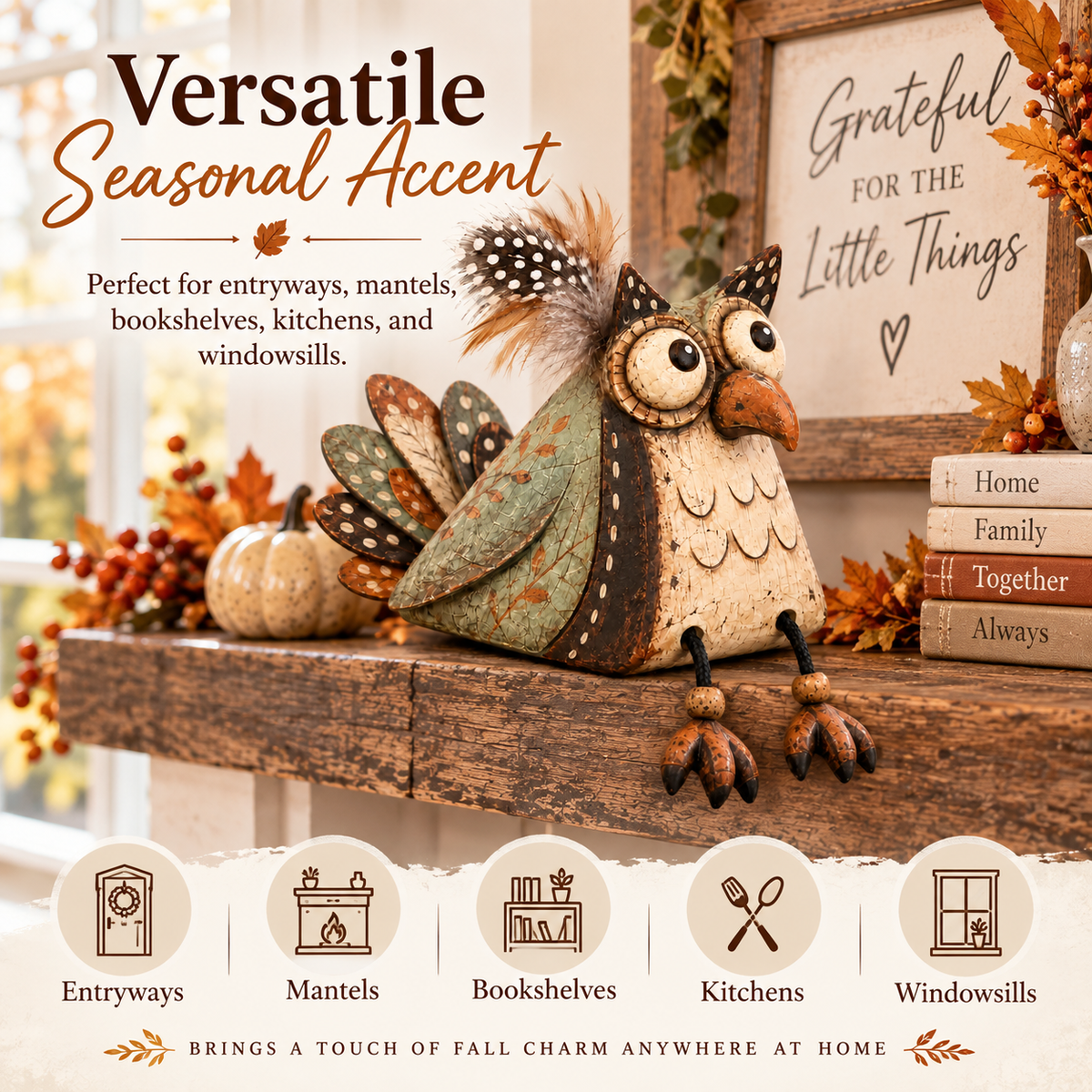 🦉 Rustic Owl Perched on a Board Decoration with Dangling Legs — Country Style