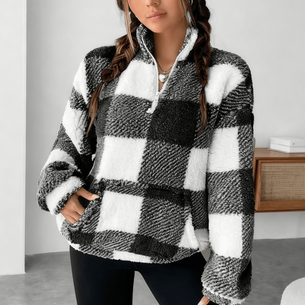 🍂Höstrutig pullover med halv dragkedja - Damtröja med sänkta axelband för lager-på-lager-looker