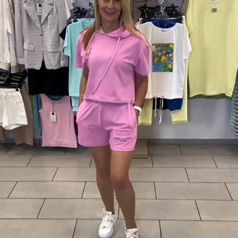 Sommardräkt Med Huva Och Kortärmade Shorts För Kvinno