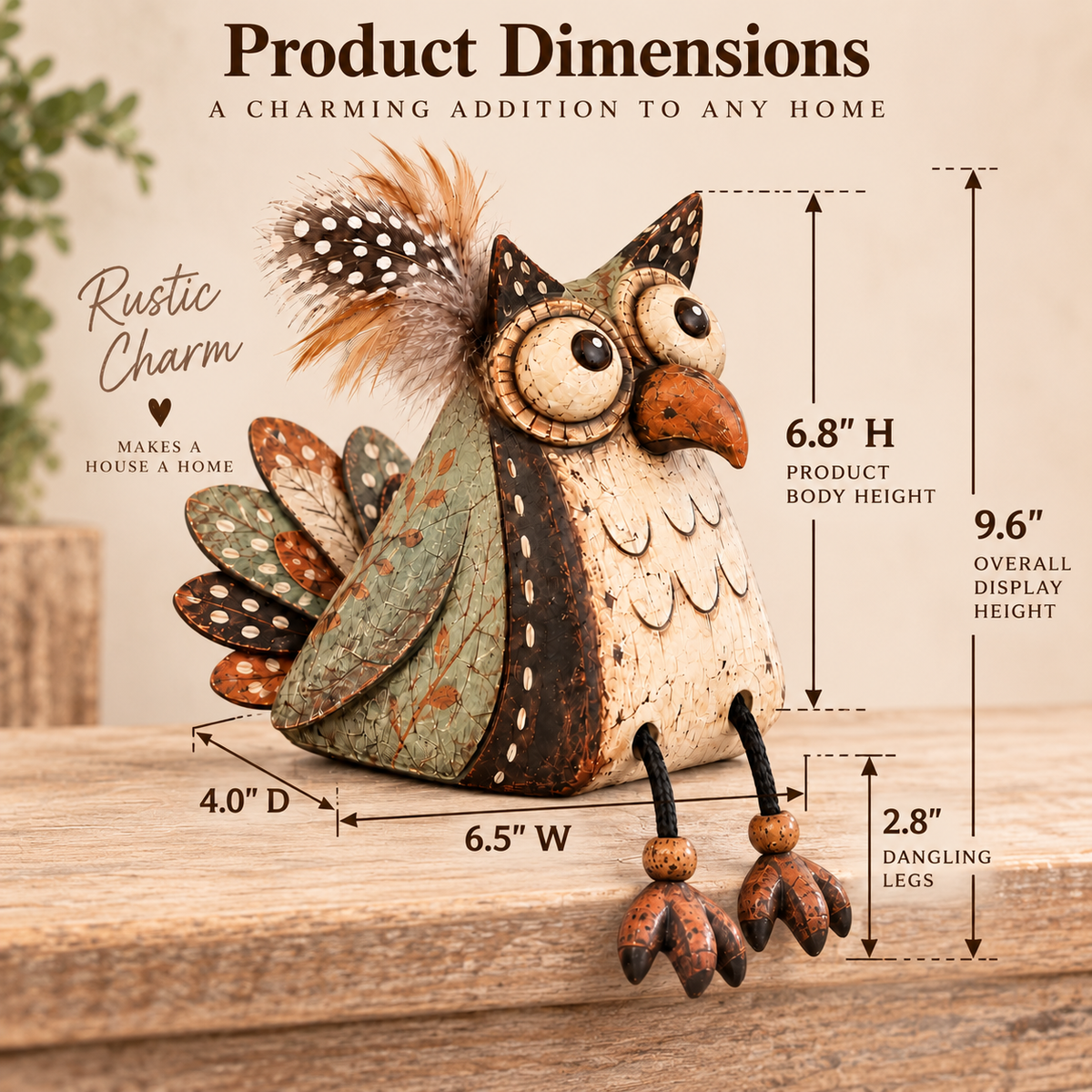 🦉 Rustic Owl Perched on a Board Decoration with Dangling Legs — Country Style