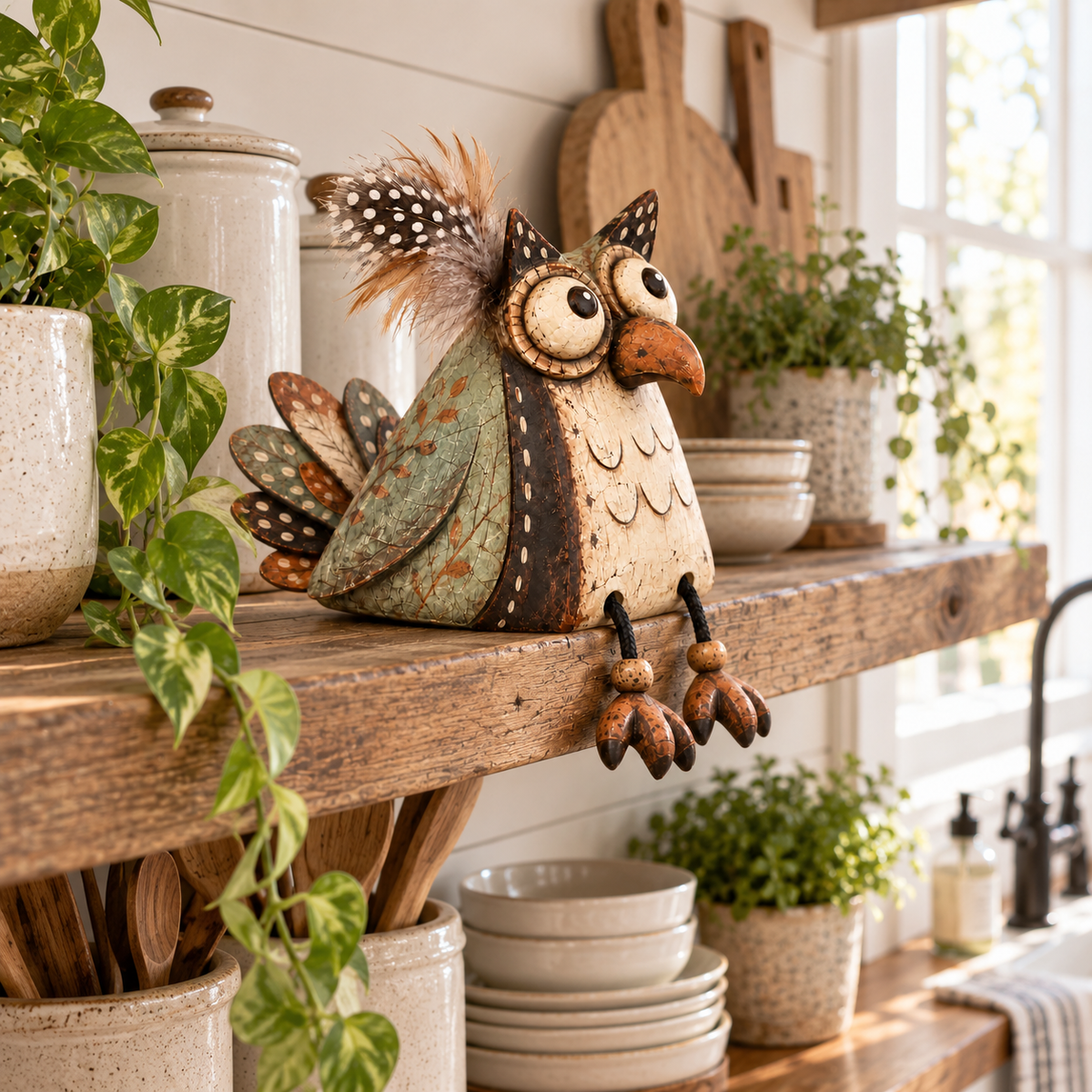 🦉 Rustic Owl Perched on a Board Decoration with Dangling Legs — Country Style