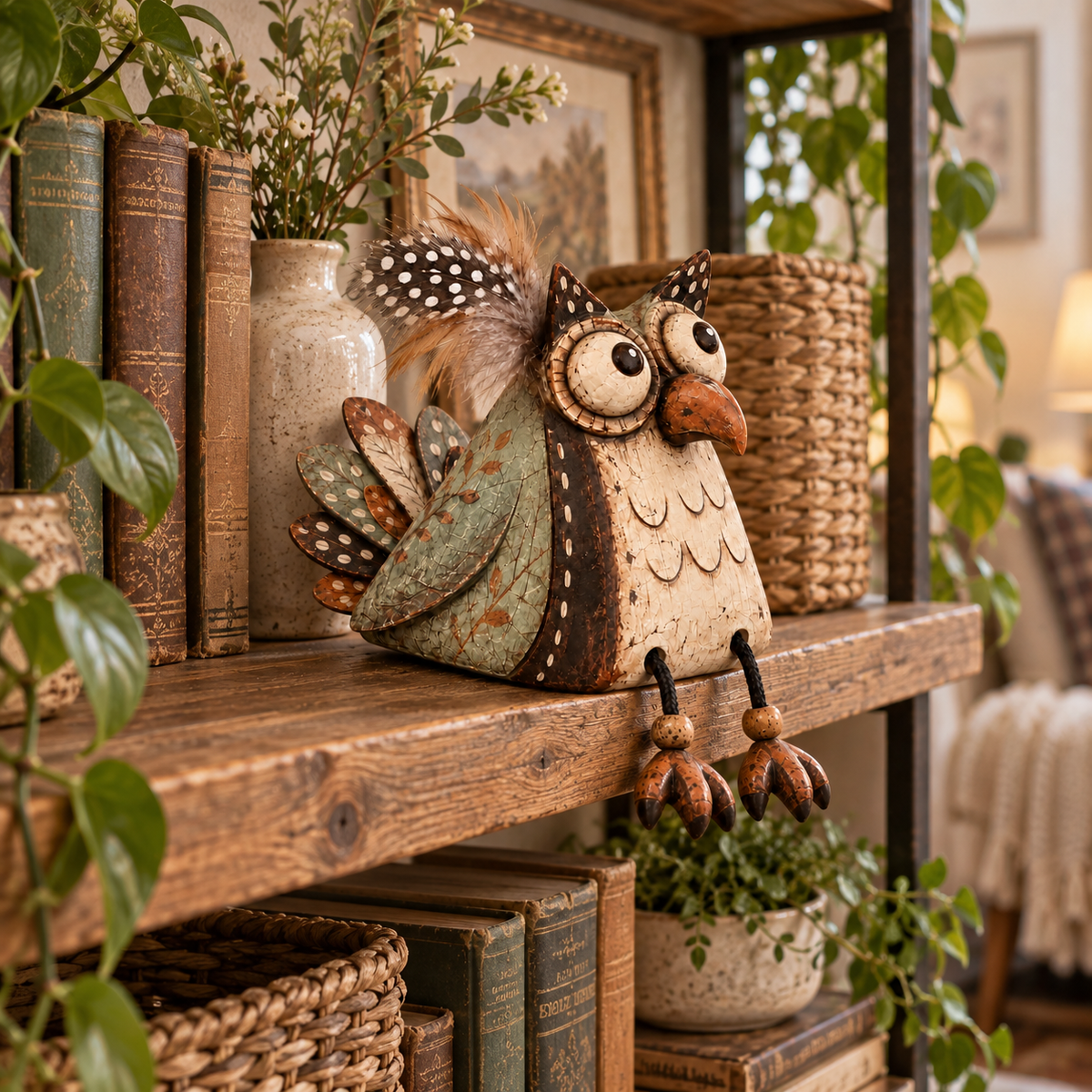 🦉 Rustic Owl Perched on a Board Decoration with Dangling Legs — Country Style
