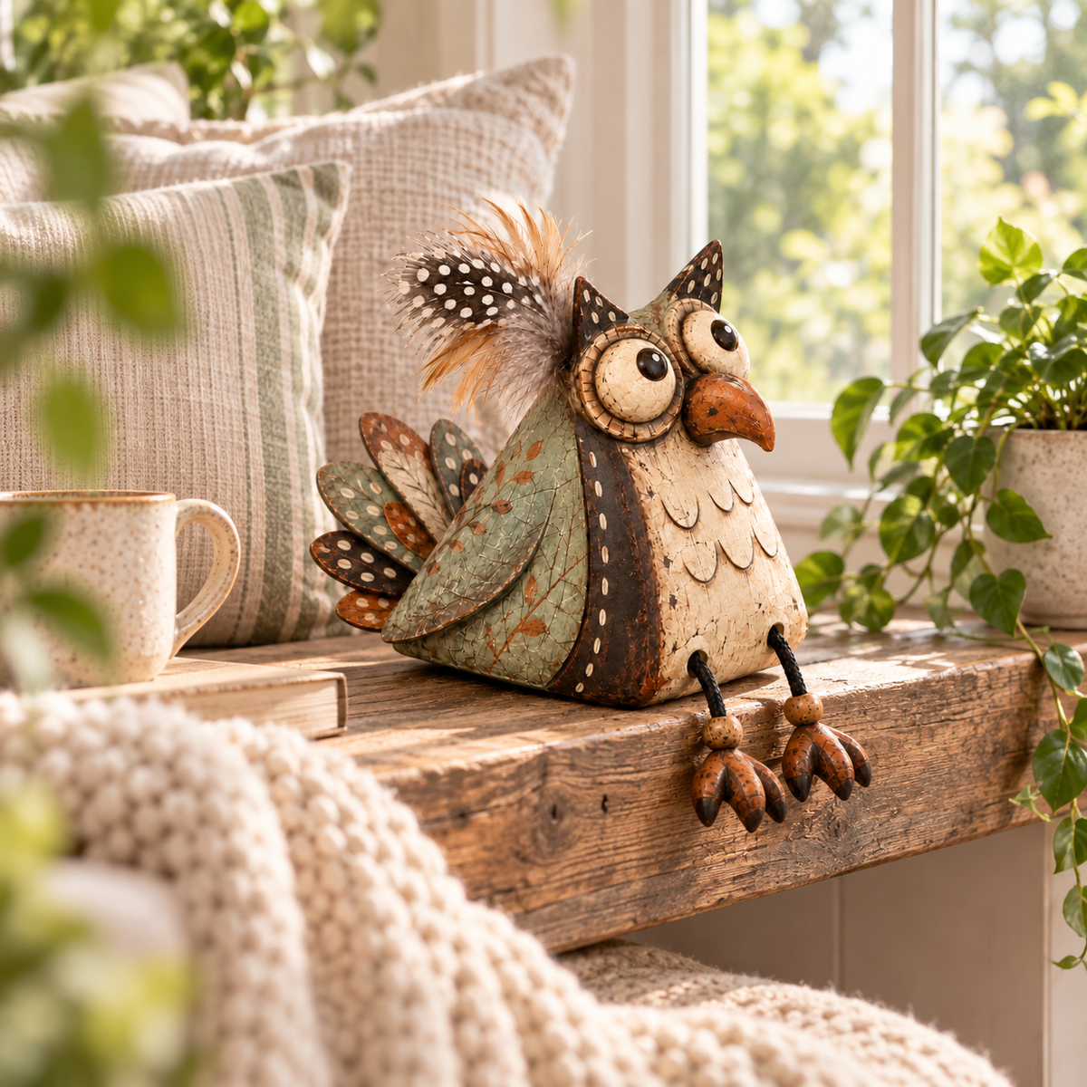 🦉 Rustic Owl Perched on a Board Decoration with Dangling Legs — Country Style