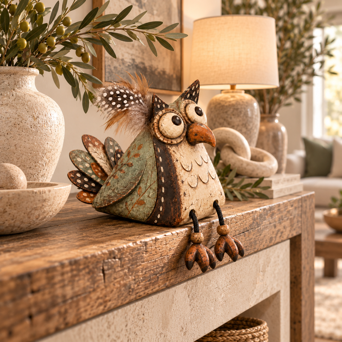 🦉 Rustic Owl Perched on a Board Decoration with Dangling Legs — Country Style