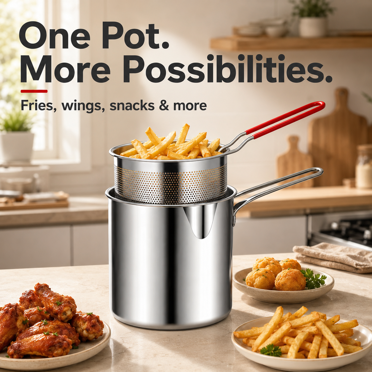 2026🔥🍟 Personligt minifritösset – rostfritt stålkärl med utdragbar avrunskorg och matpincett