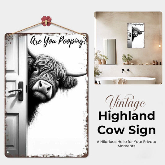 🐄 Den fräcka besökaren: Vintage Highland Cow-skylt