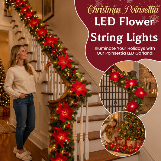 😍 🎄 Poinsettia string lights – 2 m of warm LED lights with red flowers and holly leaves