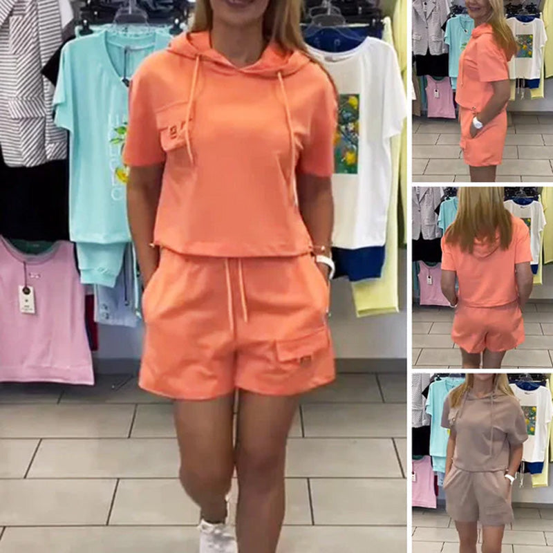 Sommardräkt Med Huva Och Kortärmade Shorts För Kvinno