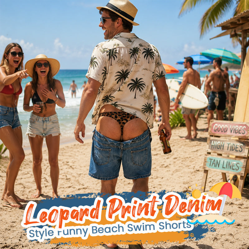 Roliga badshorts i leopardmönster som ser ut som jeans | Originella badshorts med illusionseffekt