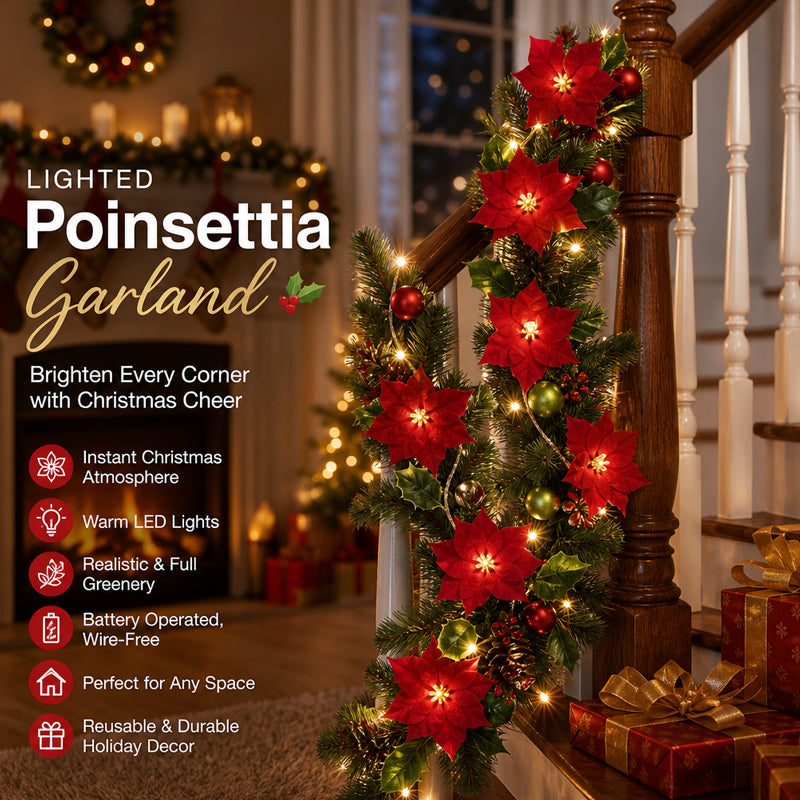 😍 🎄 Poinsettia string lights – 2 m of warm LED lights with red flowers and holly leaves