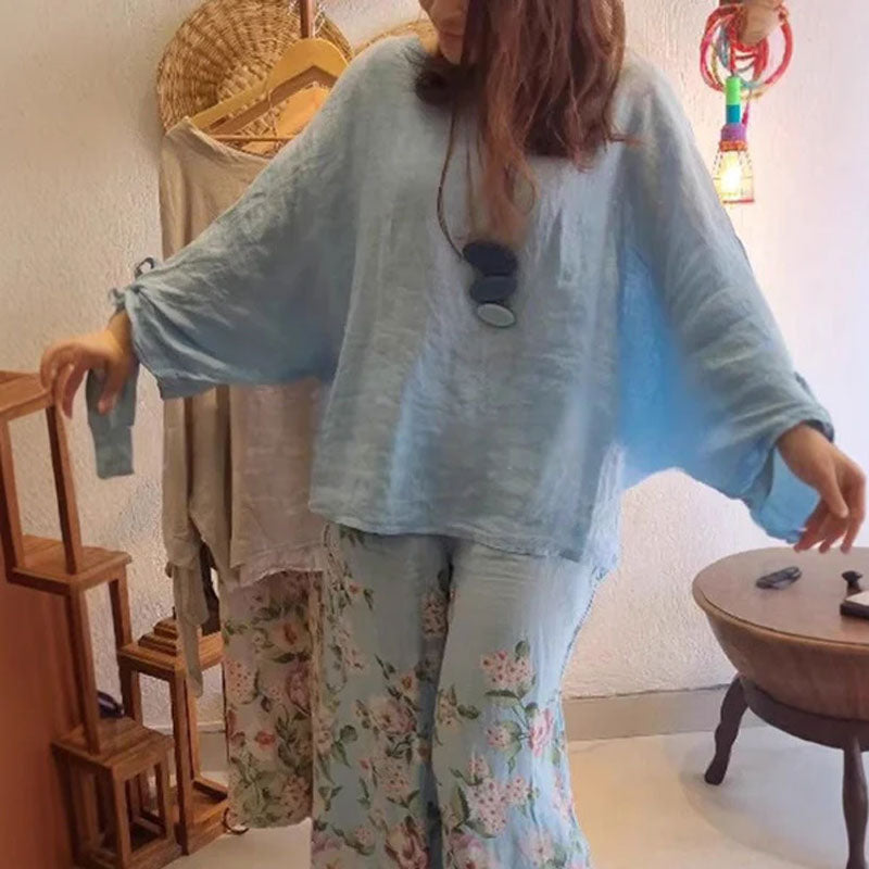 🌸Lösa Toppar För Damer Och Blommiga Byxor Med Vida Ben
