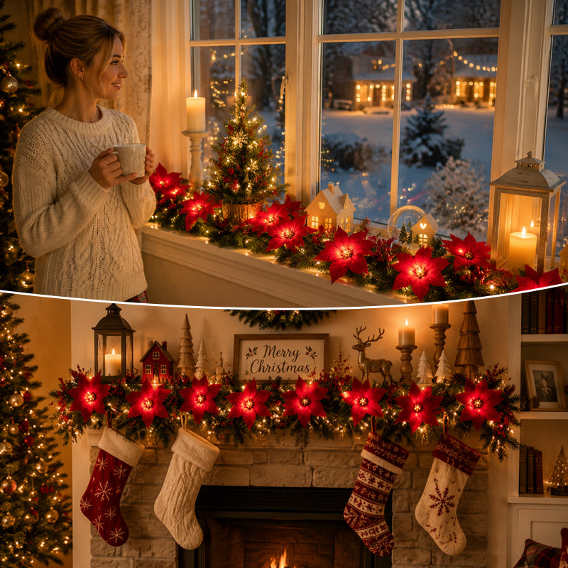 😍 🎄 Poinsettia string lights – 2 m of warm LED lights with red flowers and holly leaves