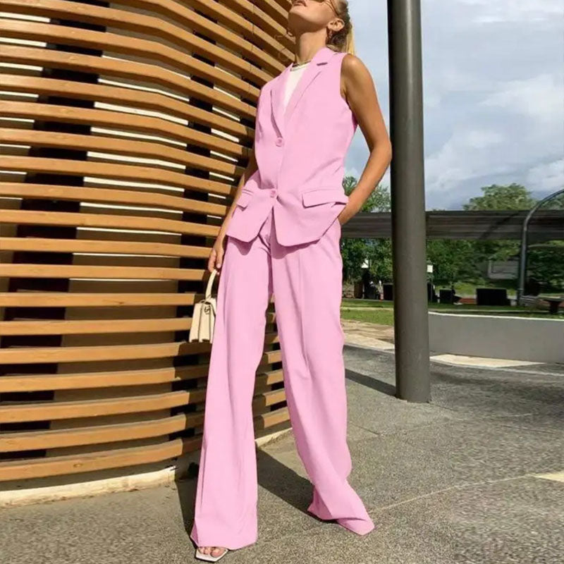 💖Styliskt set med ärmlös blazer och byxor med hög midja för kvinnor
