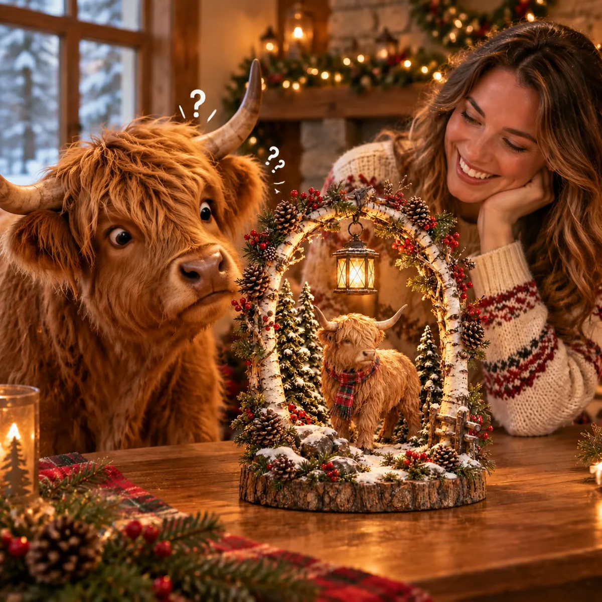 Christmas Lantern with Scottish Highland Cow Design 🎄 – Rustic, Farmhouse-Style Illuminated Table Decoration for Winter 🎁
