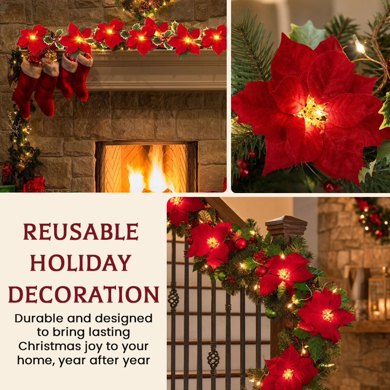 😍 🎄 Poinsettia string lights – 2 m of warm LED lights with red flowers and holly leaves