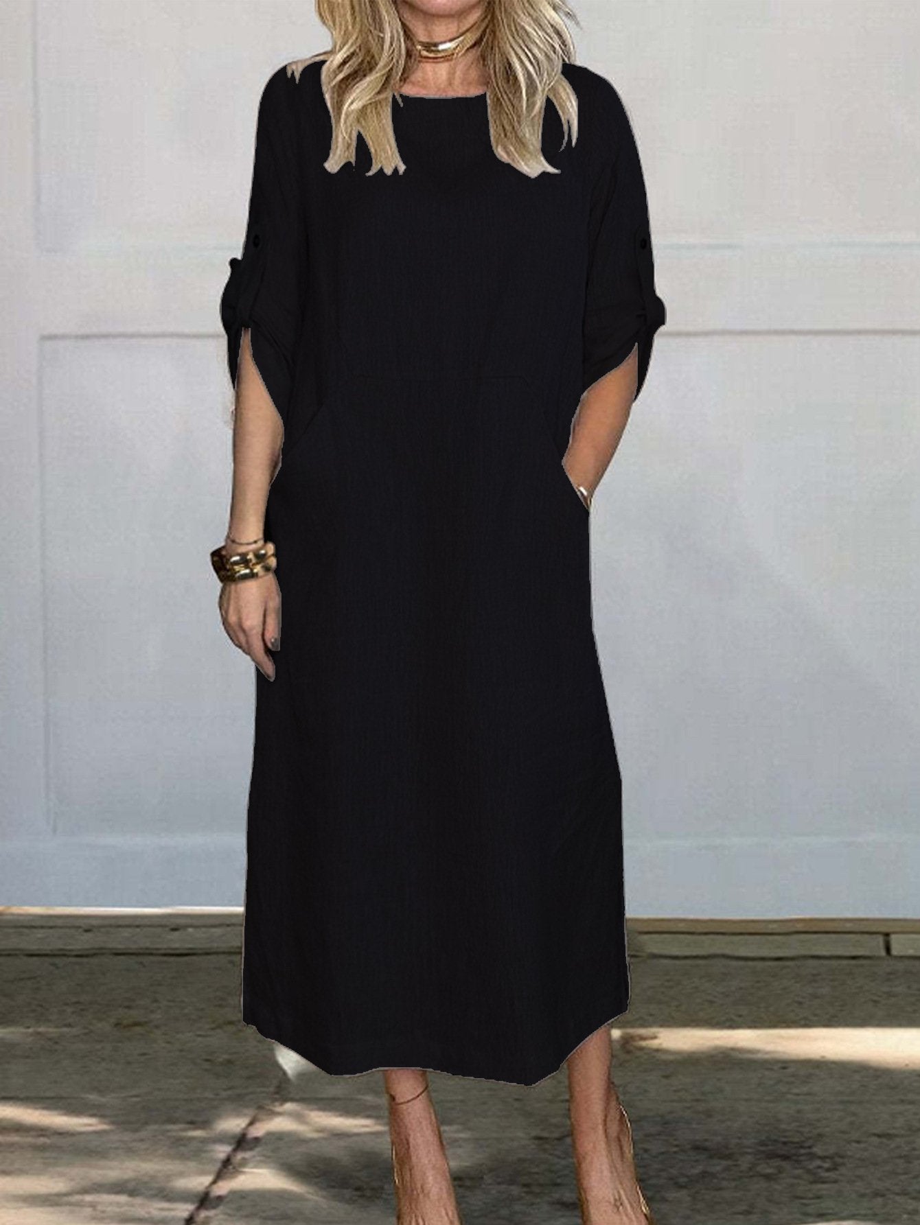 👗Linne bomull casual klänning med dubbelsidig ficka🌿