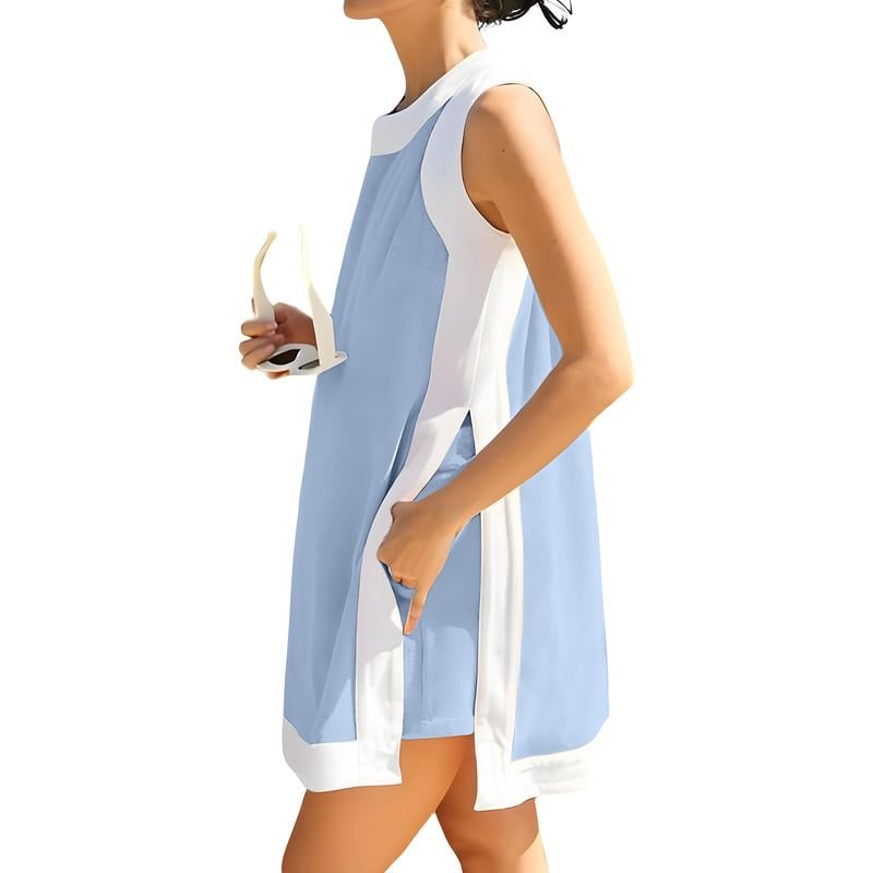 ⏰🔥Lady casual tvådelat set med färgblock, rund halsringning, ärmlös pullover, toppar, matchande shorts med fickor