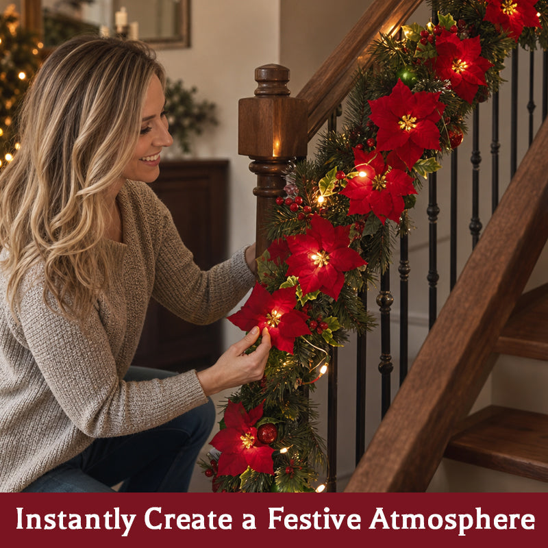 😍 🎄 Poinsettia string lights – 2 m of warm LED lights with red flowers and holly leaves