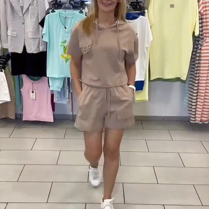 Sommardräkt Med Huva Och Kortärmade Shorts För Kvinno