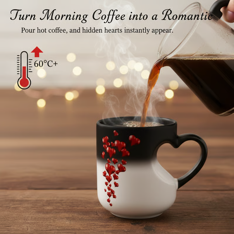 ⏳Begränsad tid 50 % rabatt⏰Keramikmugg med färgskiftande hjärtformigt handtag till alla hjärtans dag💖☕