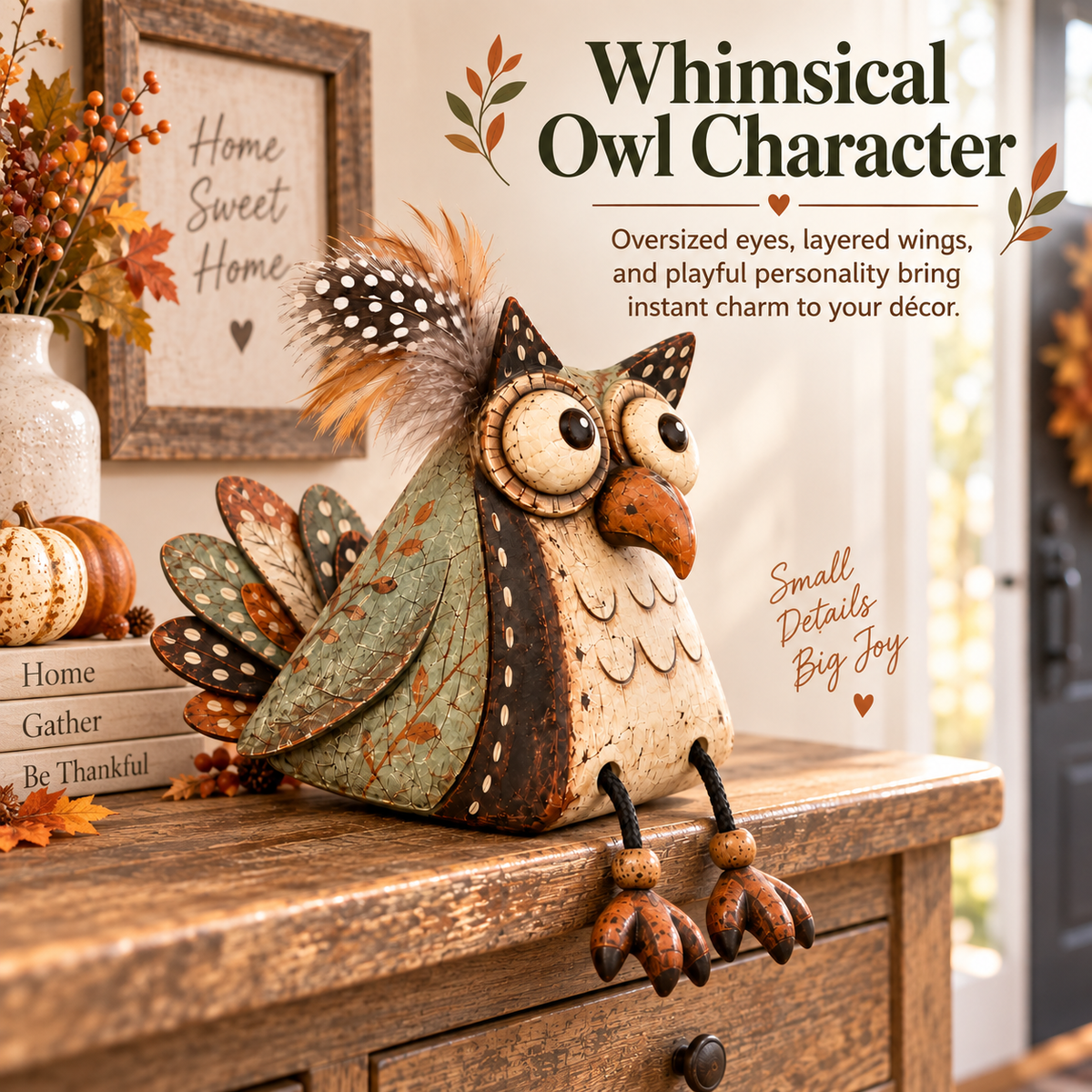 🦉 Rustic Owl Perched on a Board Decoration with Dangling Legs — Country Style