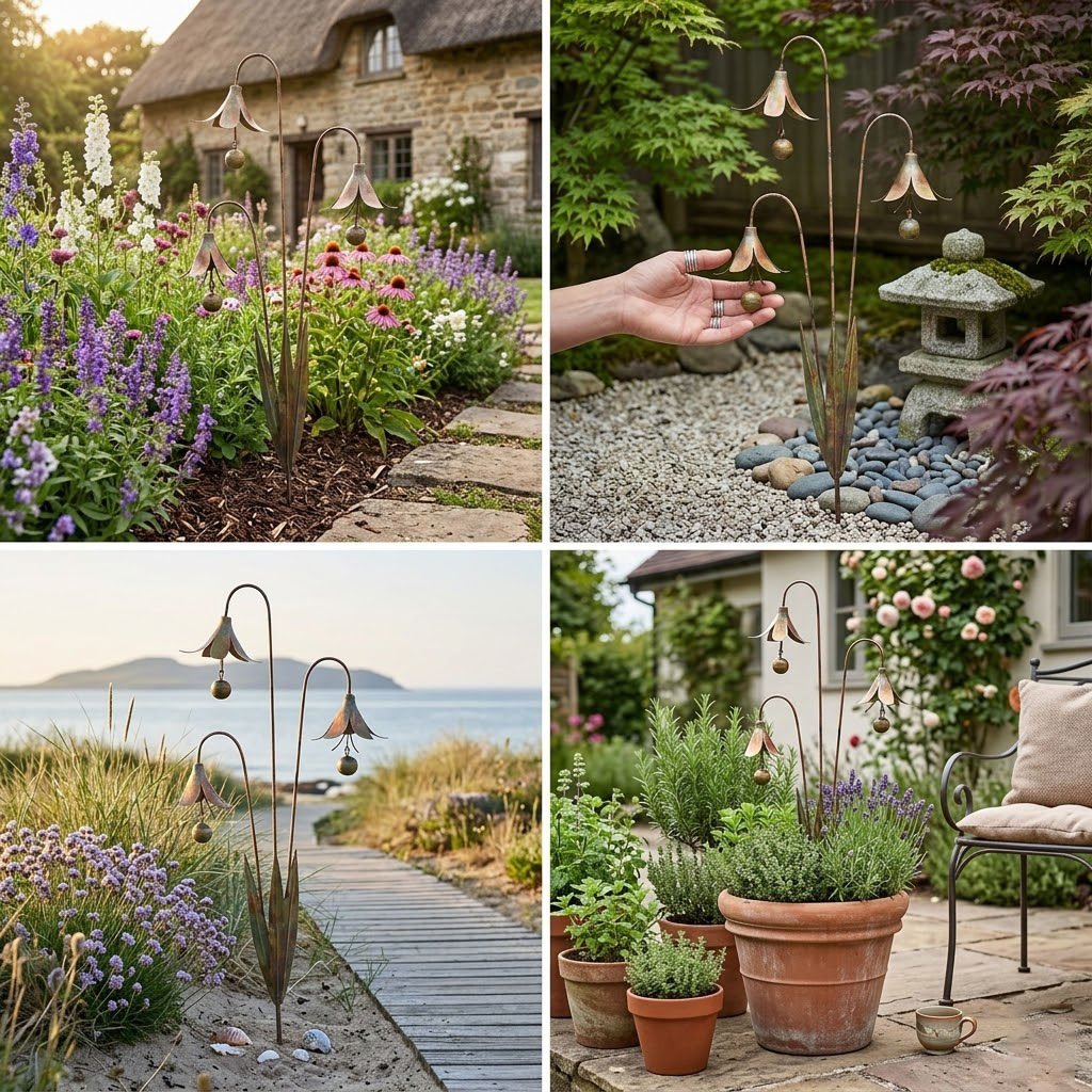 🏡Trädgårdsdekoration i flammad koppar med tre callaliljor och klockor