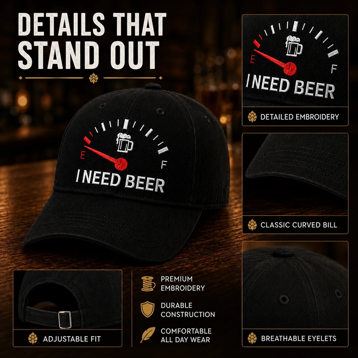 🍺 Broderad basebollkeps med texten ”I NEED BEER” – Unisex-minneskeps🧢 100 % bomull