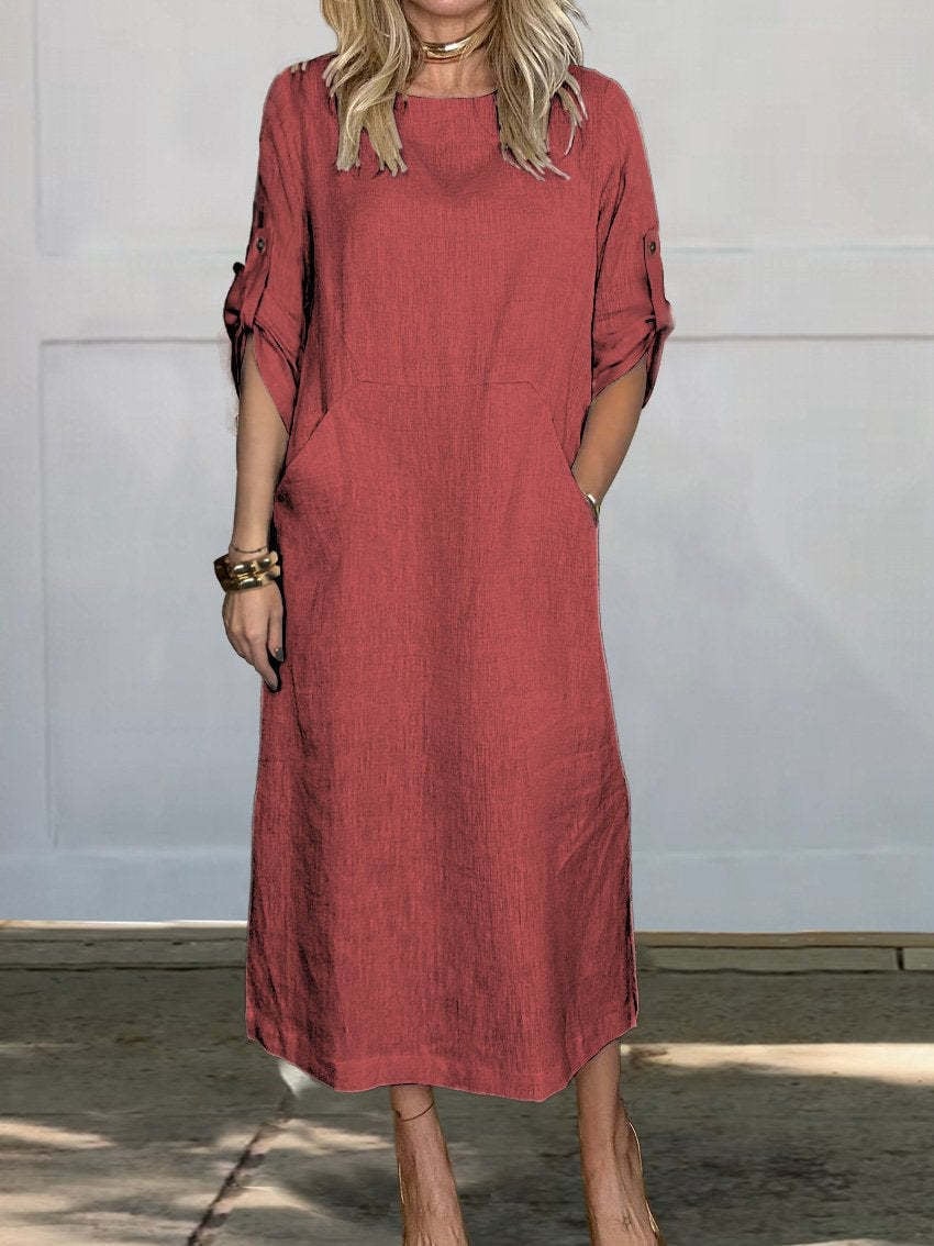 👗Linne bomull casual klänning med dubbelsidig ficka🌿