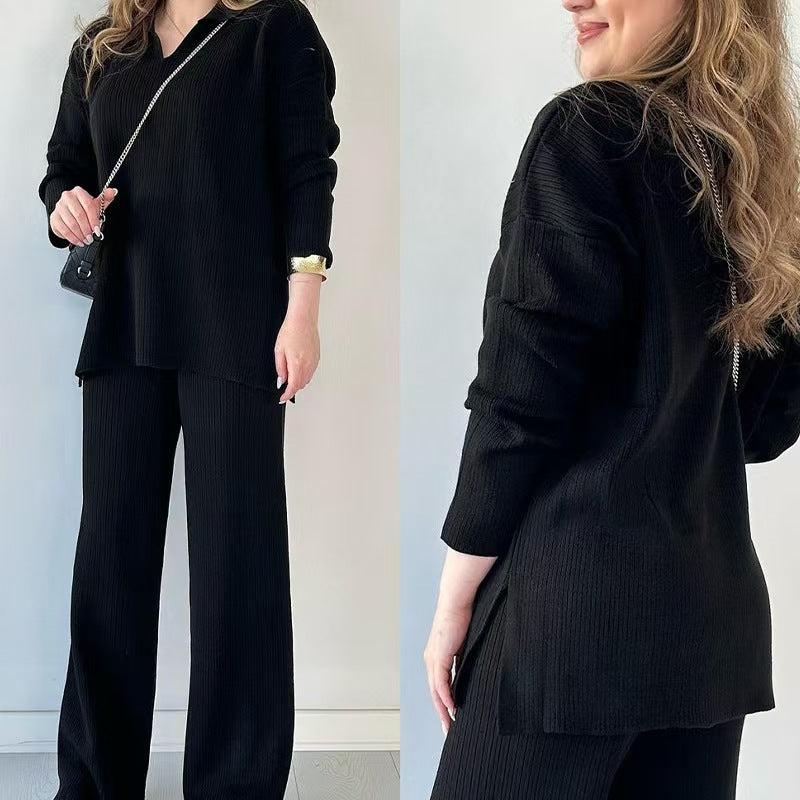🎁🧥Tvådelat stickat set med V-ringning och slits
