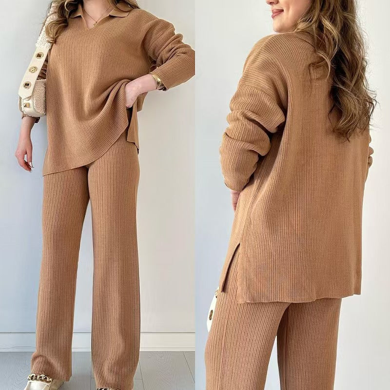 🎁🧥Tvådelat stickat set med V-ringning och slits