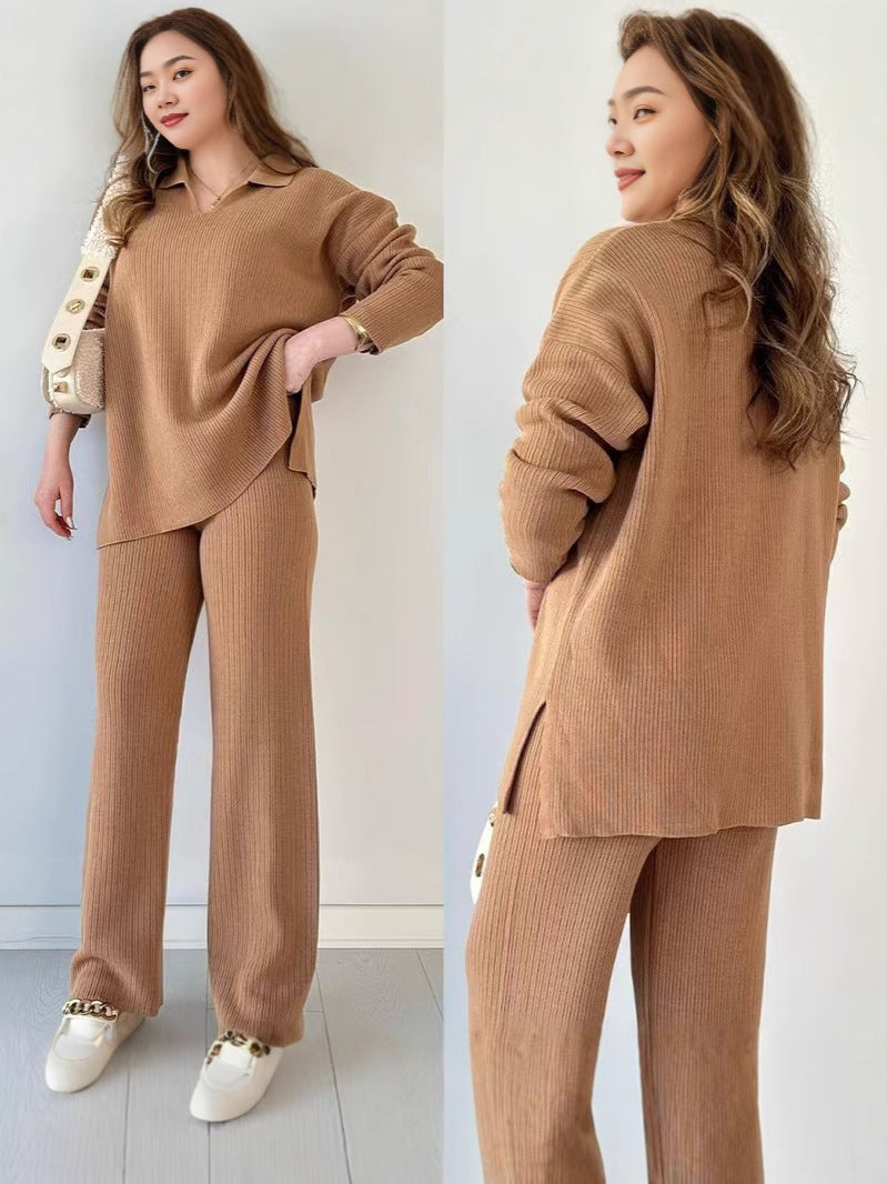 🎁🧥Tvådelat stickat set med V-ringning och slits