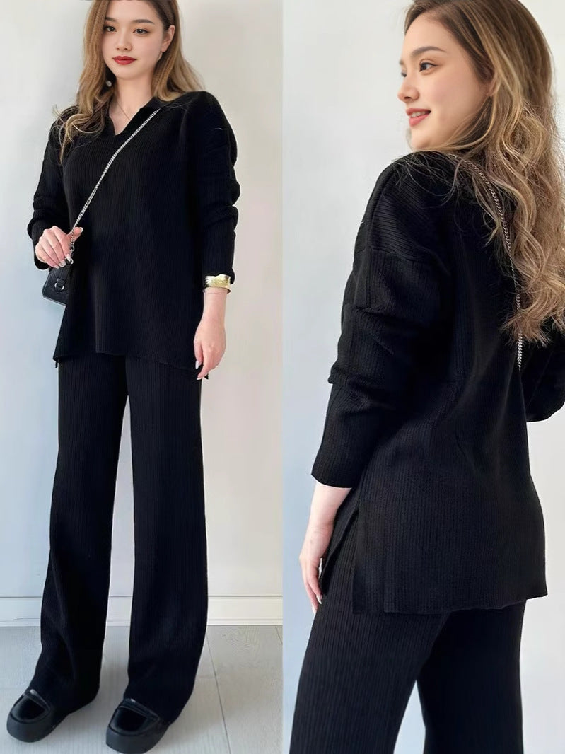 🎁🧥Tvådelat stickat set med V-ringning och slits