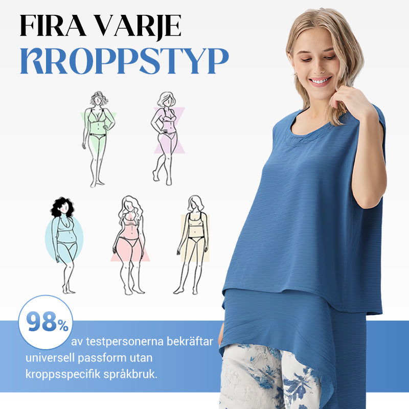 🌸Tvådelat Set för Dam: Ärmlös Topp med Asymmetrisk Fåll och Mönstrade Byxor
