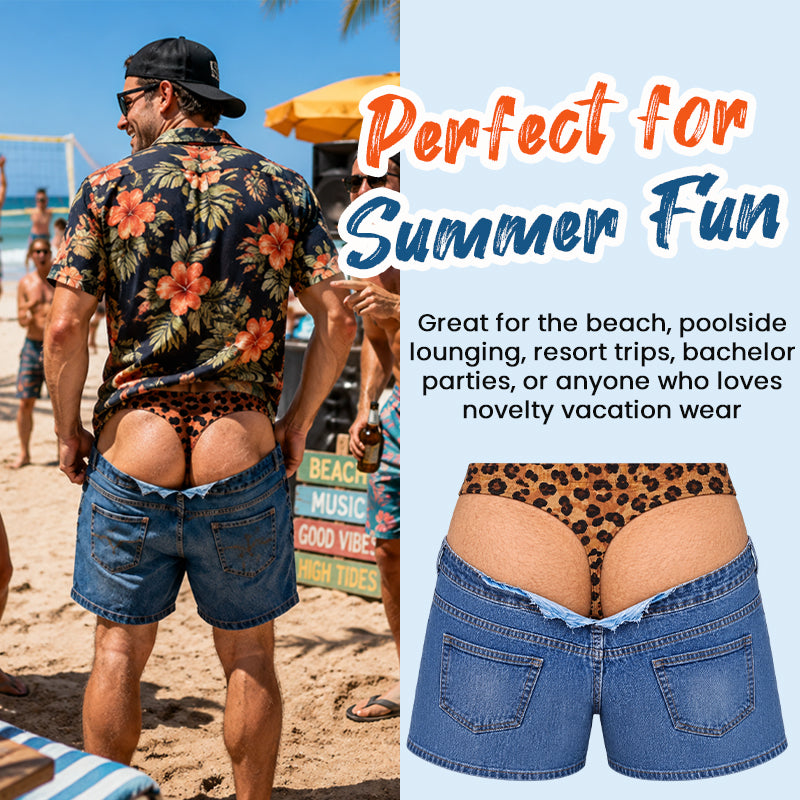 Roliga badshorts i leopardmönster som ser ut som jeans | Originella badshorts med illusionseffekt