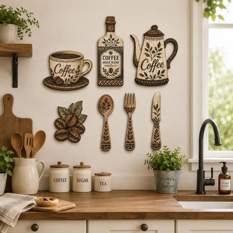 ☕7-Piece Wooden Coffee Kitchen Wall Decor Set – Vintage Farmhouse Coffee-Themed Wall Art