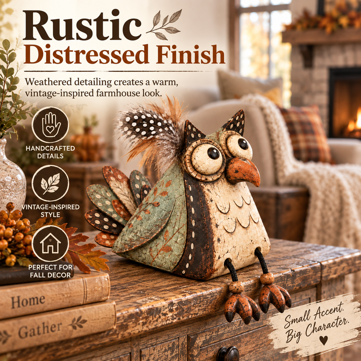 🦉 Rustic Owl Perched on a Board Decoration with Dangling Legs — Country Style