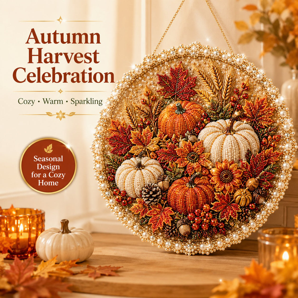 🌸🌻🍂🎄 Four Seasons & Holiday Pearl Art Hanging Wreath Kit | Luxury Flocked Canvas with Scratch-Resistant Non-Fading Pearl Beads DIY Handmade Seasonal Decor 💎