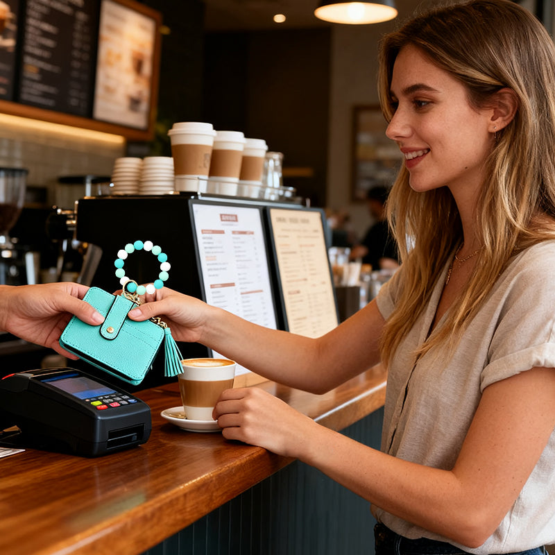 Plånbok i läder med pärlor