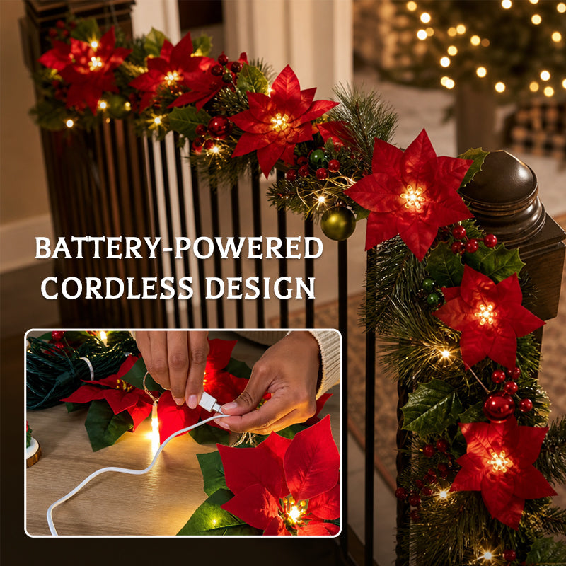😍 🎄 Poinsettia string lights – 2 m of warm LED lights with red flowers and holly leaves