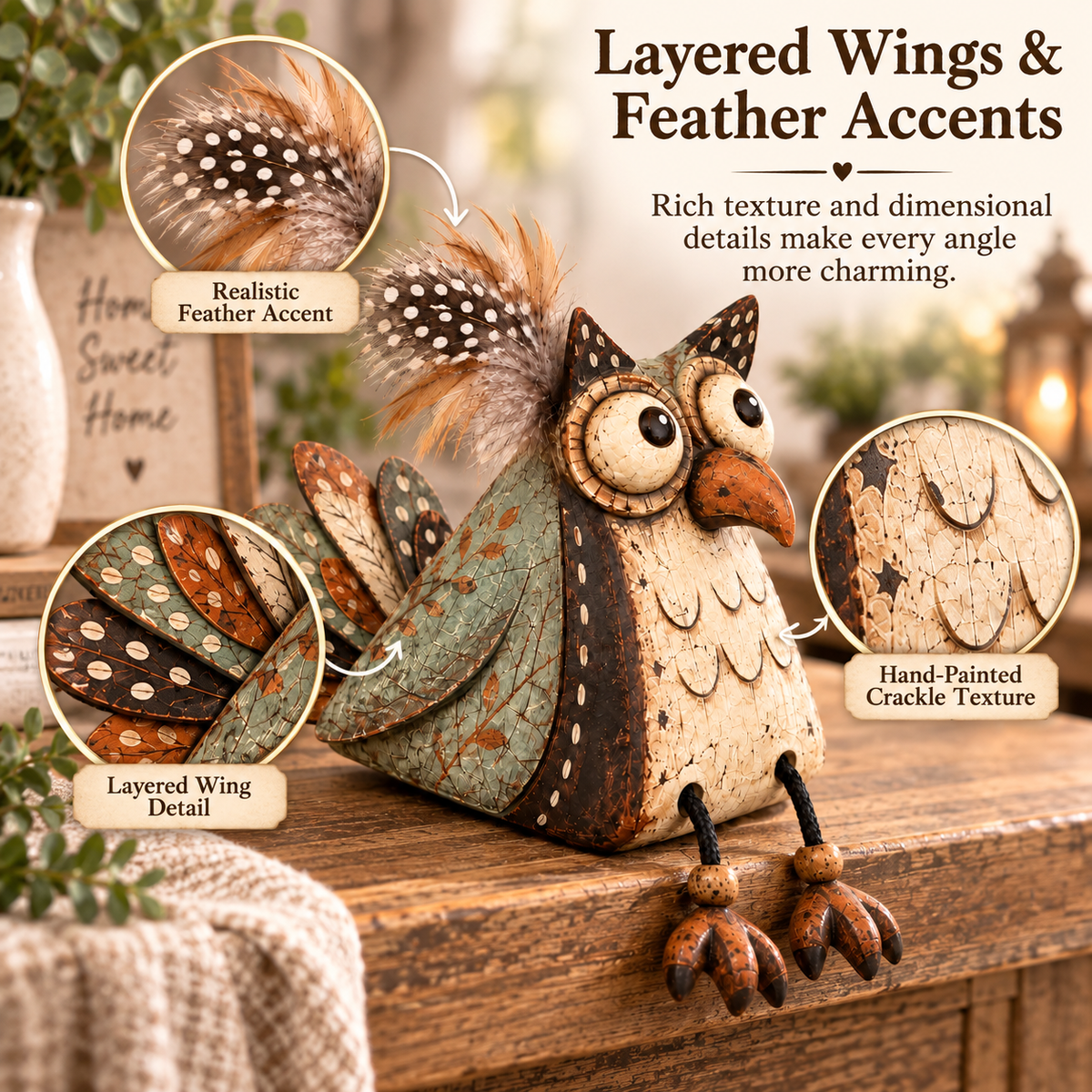 🦉 Rustic Owl Perched on a Board Decoration with Dangling Legs — Country Style
