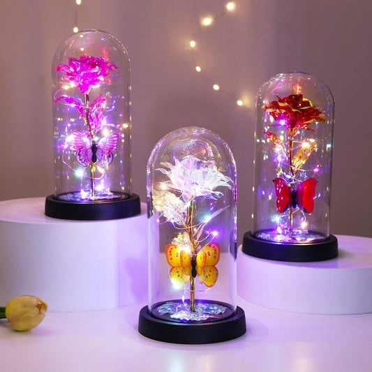 🔥Sista dagen 49 % rabatt – 🌹Evig fjärilsros i glasklocka med LED-belysning✨