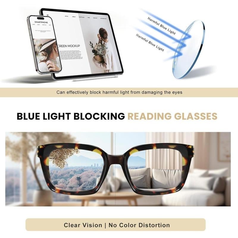 👓3-pack läsglasögon i sköldpaddsmönster – överdimensionerade fyrkantiga läsglasögon som blockerar blått ljus