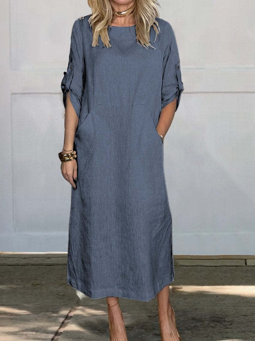 👗Linne bomull casual klänning med dubbelsidig ficka🌿