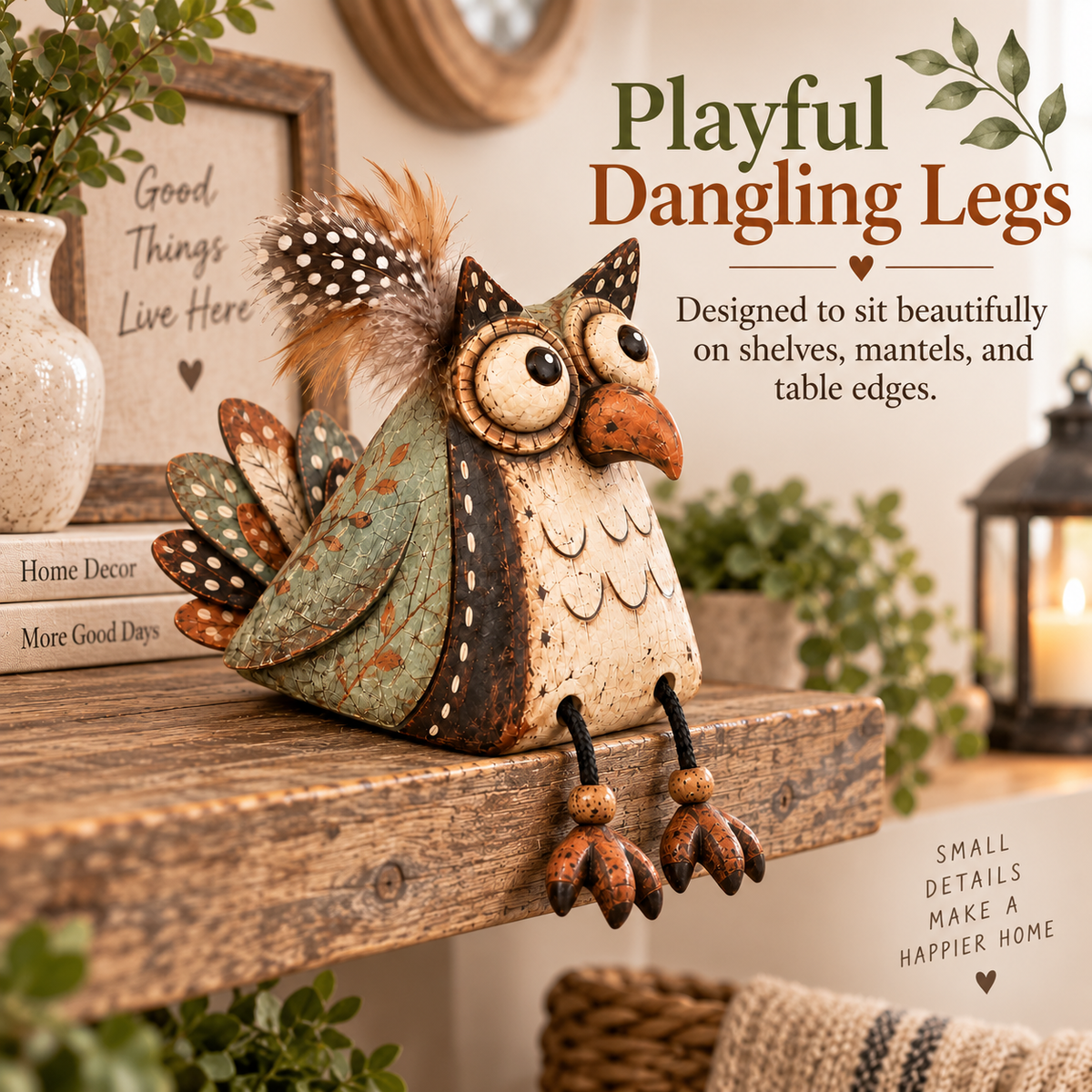 🦉 Rustic Owl Perched on a Board Decoration with Dangling Legs — Country Style