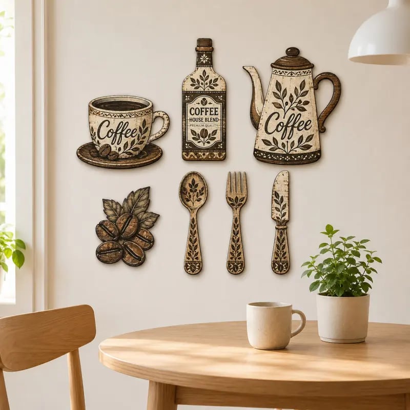 ☕7-Piece Wooden Coffee Kitchen Wall Decor Set – Vintage Farmhouse Coffee-Themed Wall Art