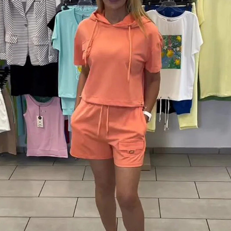 Sommardräkt Med Huva Och Kortärmade Shorts För Kvinno