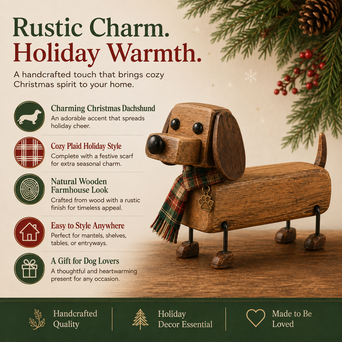 ✨Rustic Wooden Christmas Dachshund Figurine