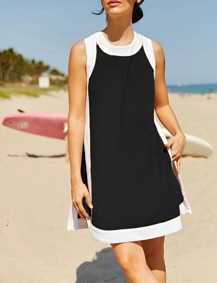 ⏰🔥Lady casual tvådelat set med färgblock, rund halsringning, ärmlös pullover, toppar, matchande shorts med fickor