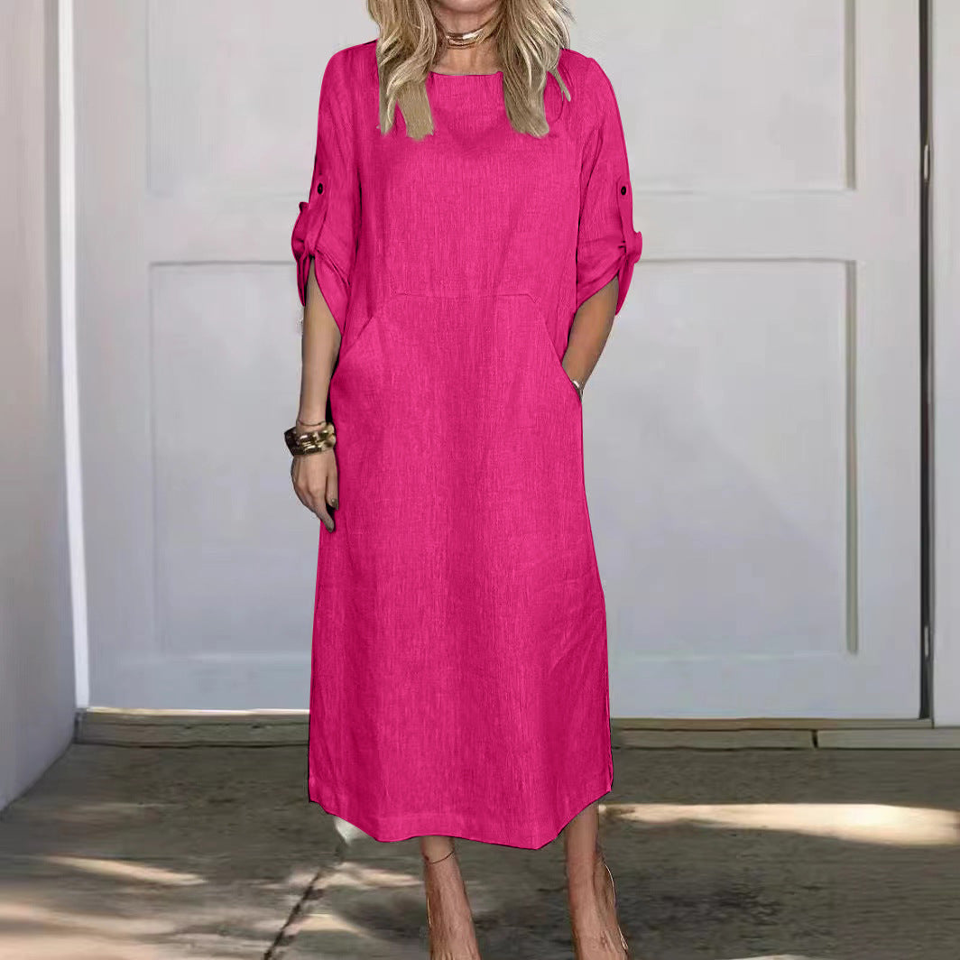 👗Linne bomull casual klänning med dubbelsidig ficka🌿